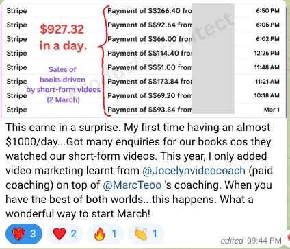 Client win screenshot 1: $927.32 in a day from book sales driven by short-form videos