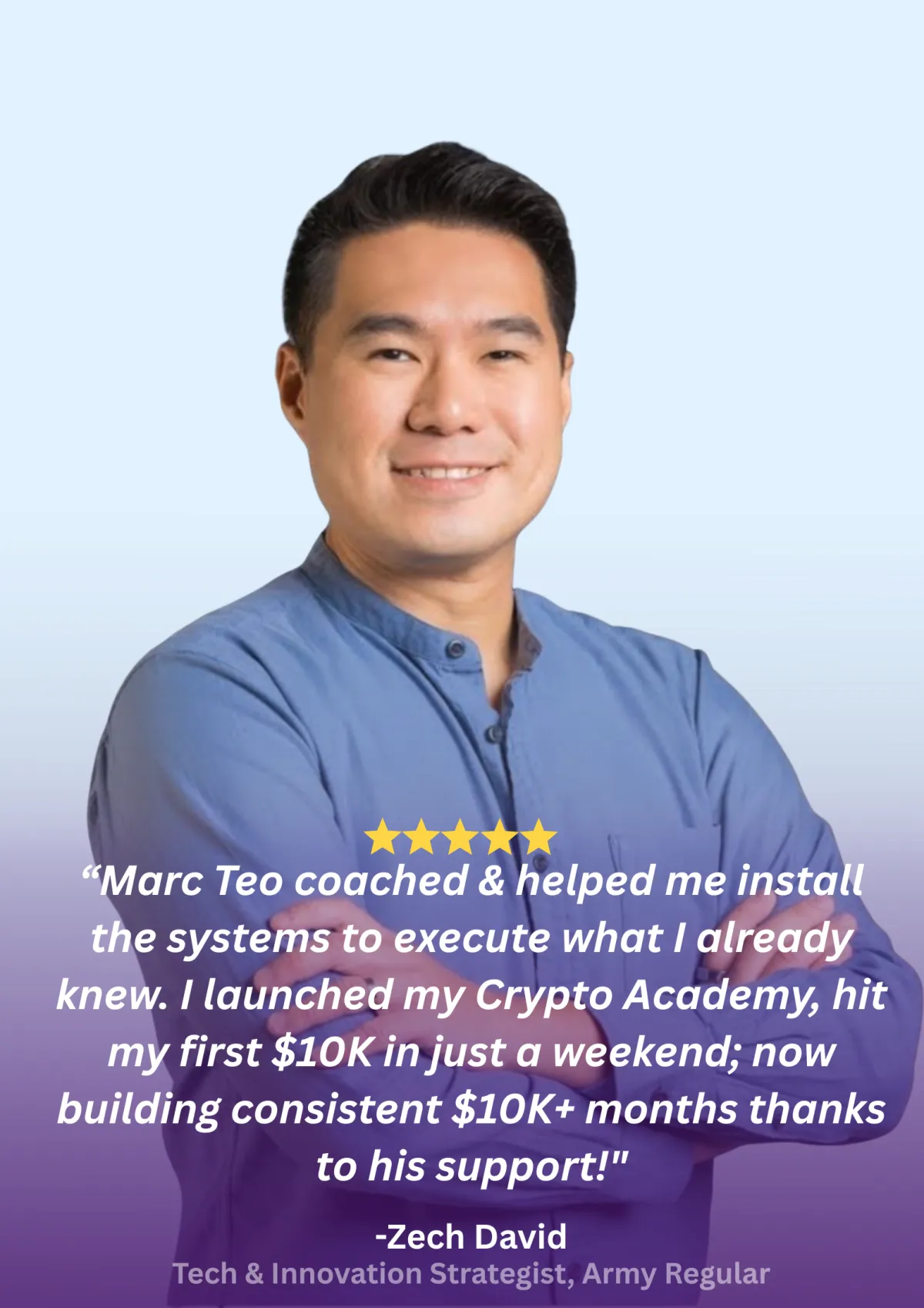 Branded client testimonial card 2 with headshot, 5-star rating and pull quote