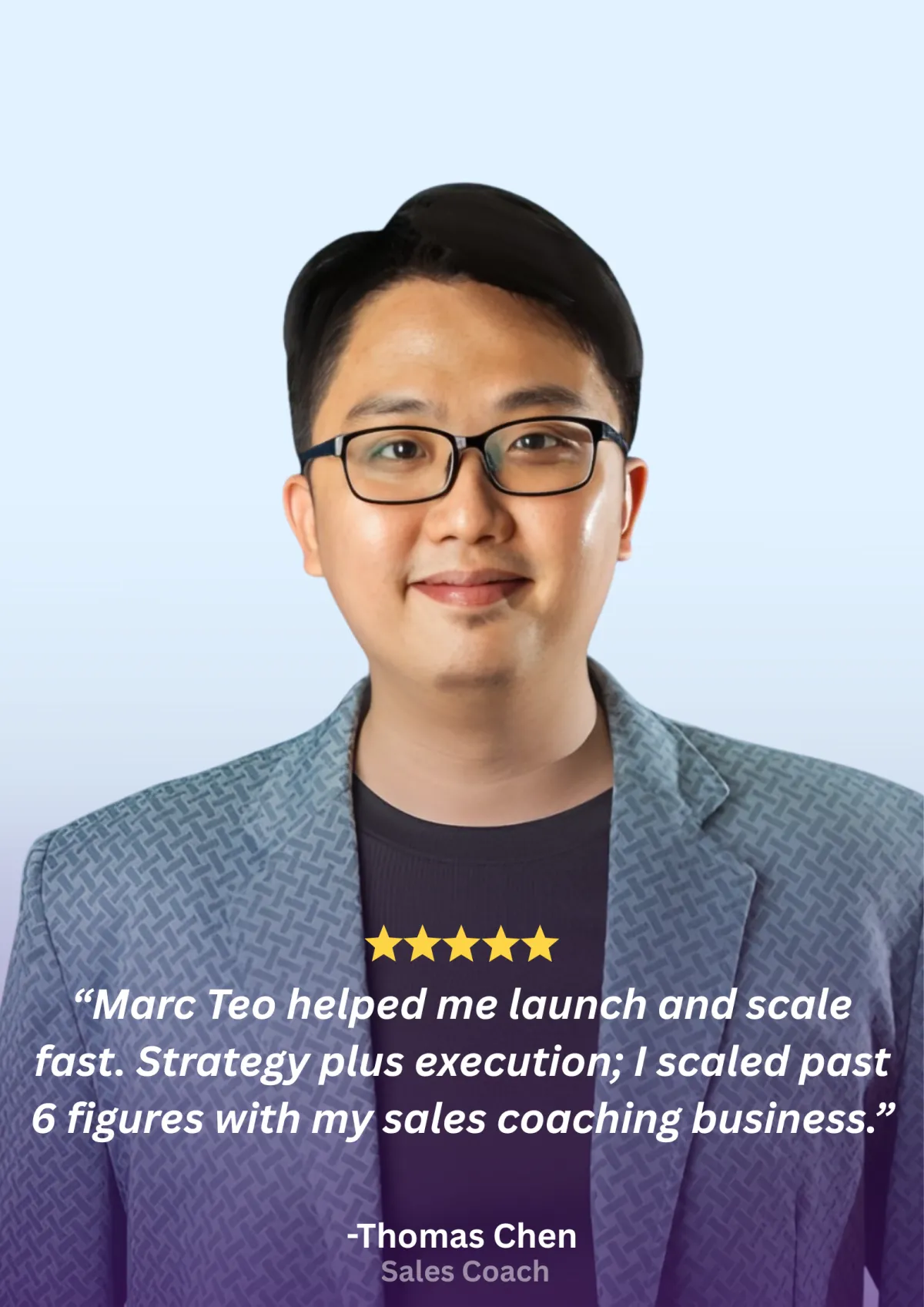 Branded client testimonial card 6 with headshot, 5-star rating and pull quote
